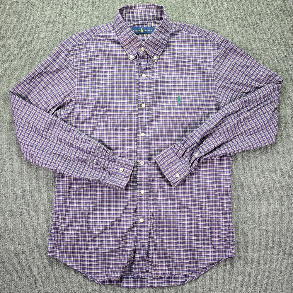 Polo Ralph Lauren Shirt Mens Medium Purple Green Plaid Long Sleeve Cotton Pony